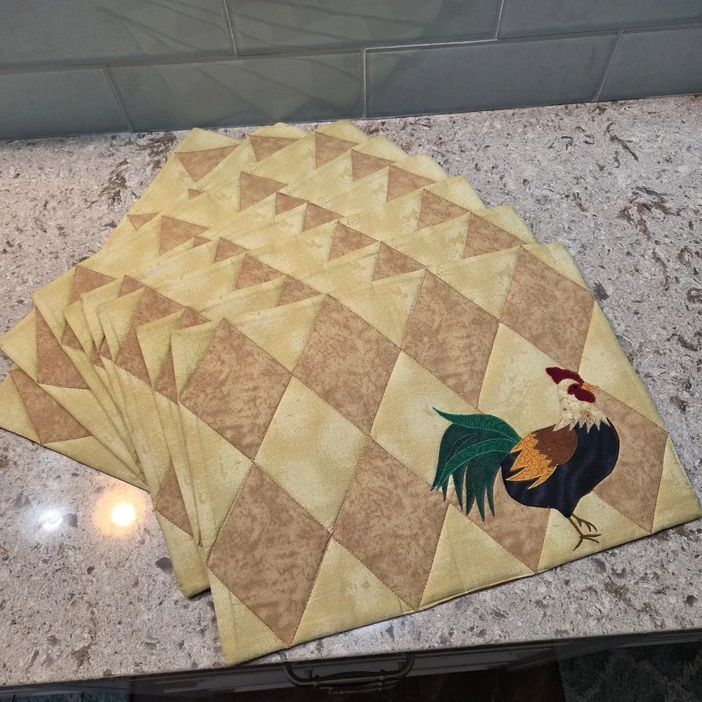 Midwestern Home Products Quilted Rooster Placemats Tan HarlequinI 8 Farmhouse